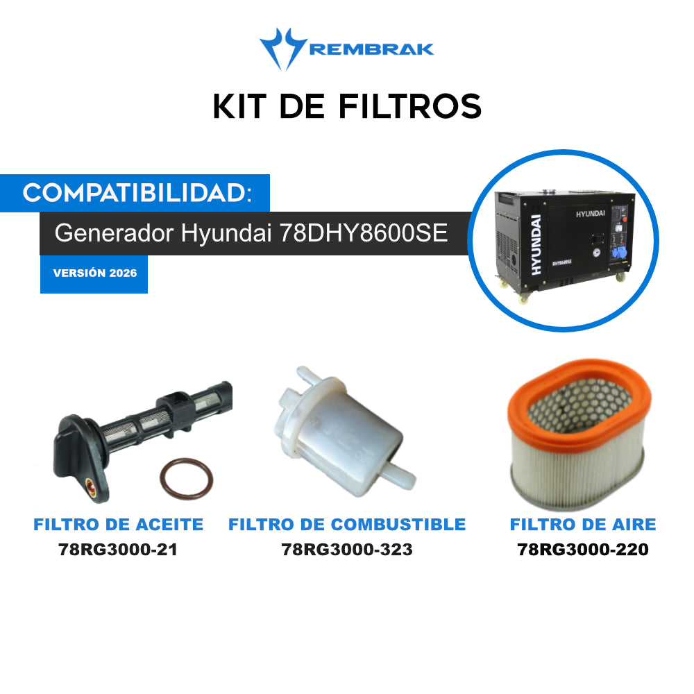 Kit de filtros para generador Hyundai 78DHY8600SE (Versión 2026) - Aire / combustible / Aceite