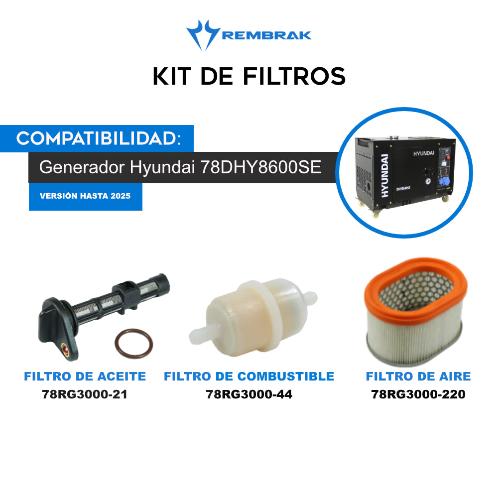 Kit de filtros para generador Hyundai 78DHY8600SE (Versión hasta 2025) - Aire / combustible / Aceite